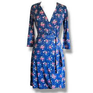Cath Kidston Womens Wrap Dress Sz US 2 UK 6 Blue Cabbage Rose Floral Cottagecore